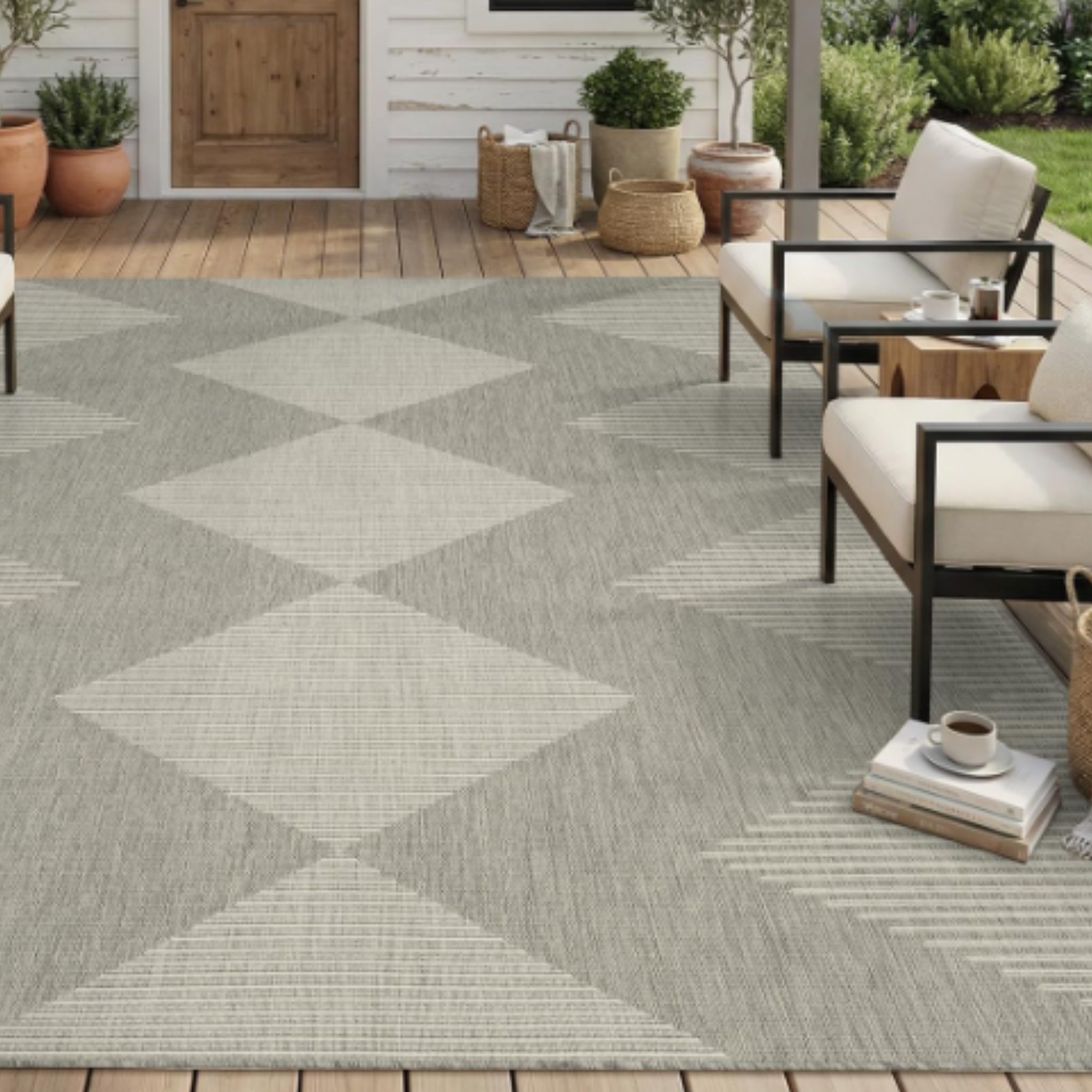 Outdoor Patio Rug – 8' x 10' | Grey & White Boho Stripe
