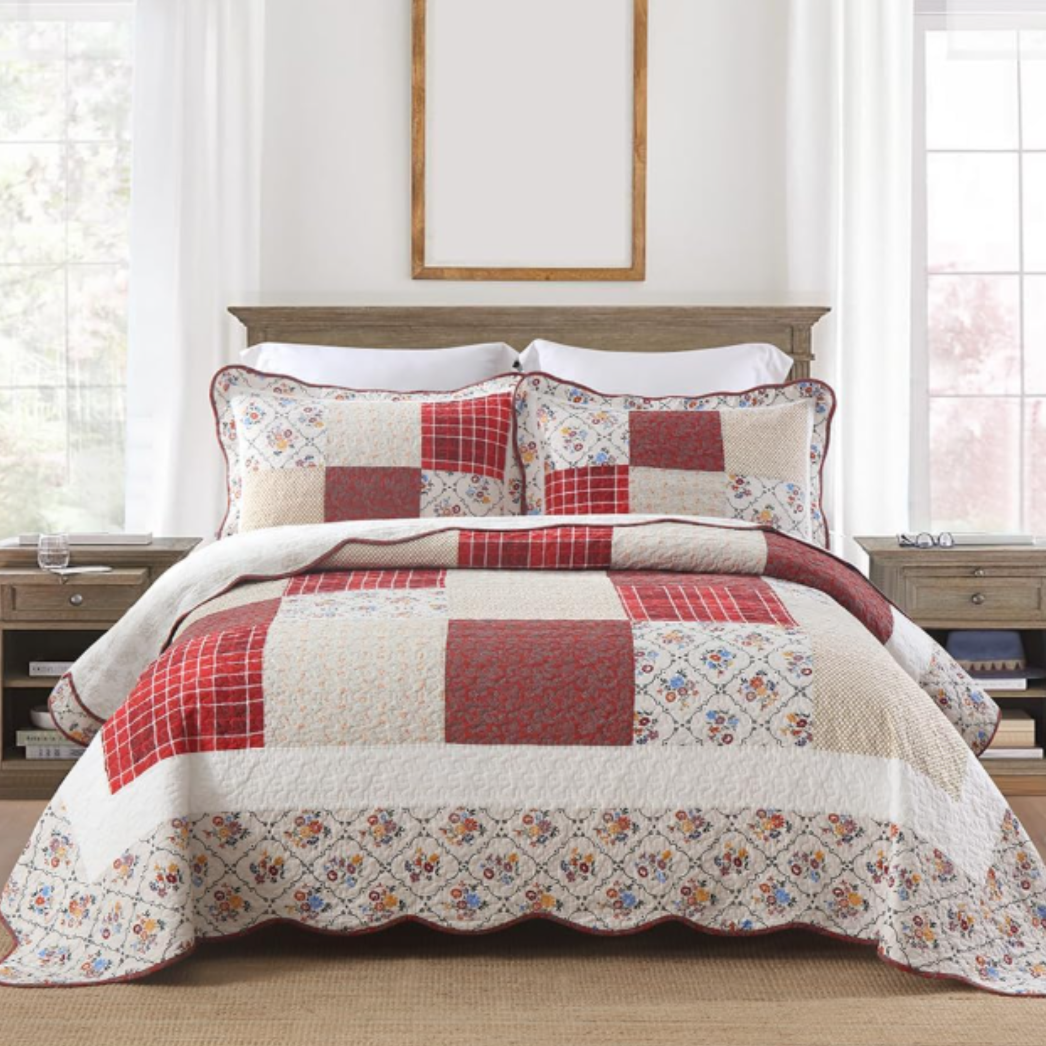 3-Piece Cotton Patchwork Quilt Set – Red, White & Floral-5 Set