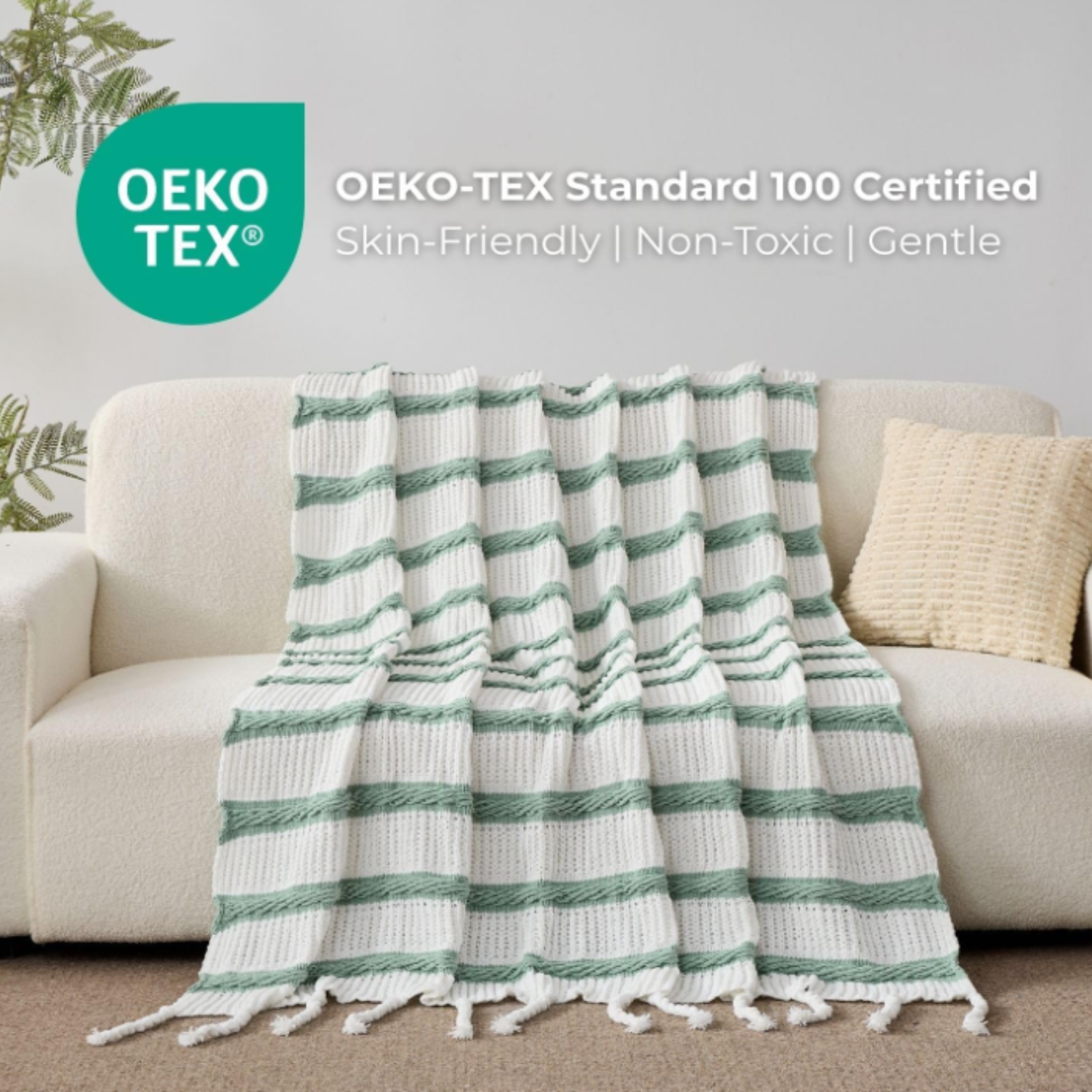 Boho Knitted Chenille Blanket with Tassels – Green & White | 50" x 60"-12PC