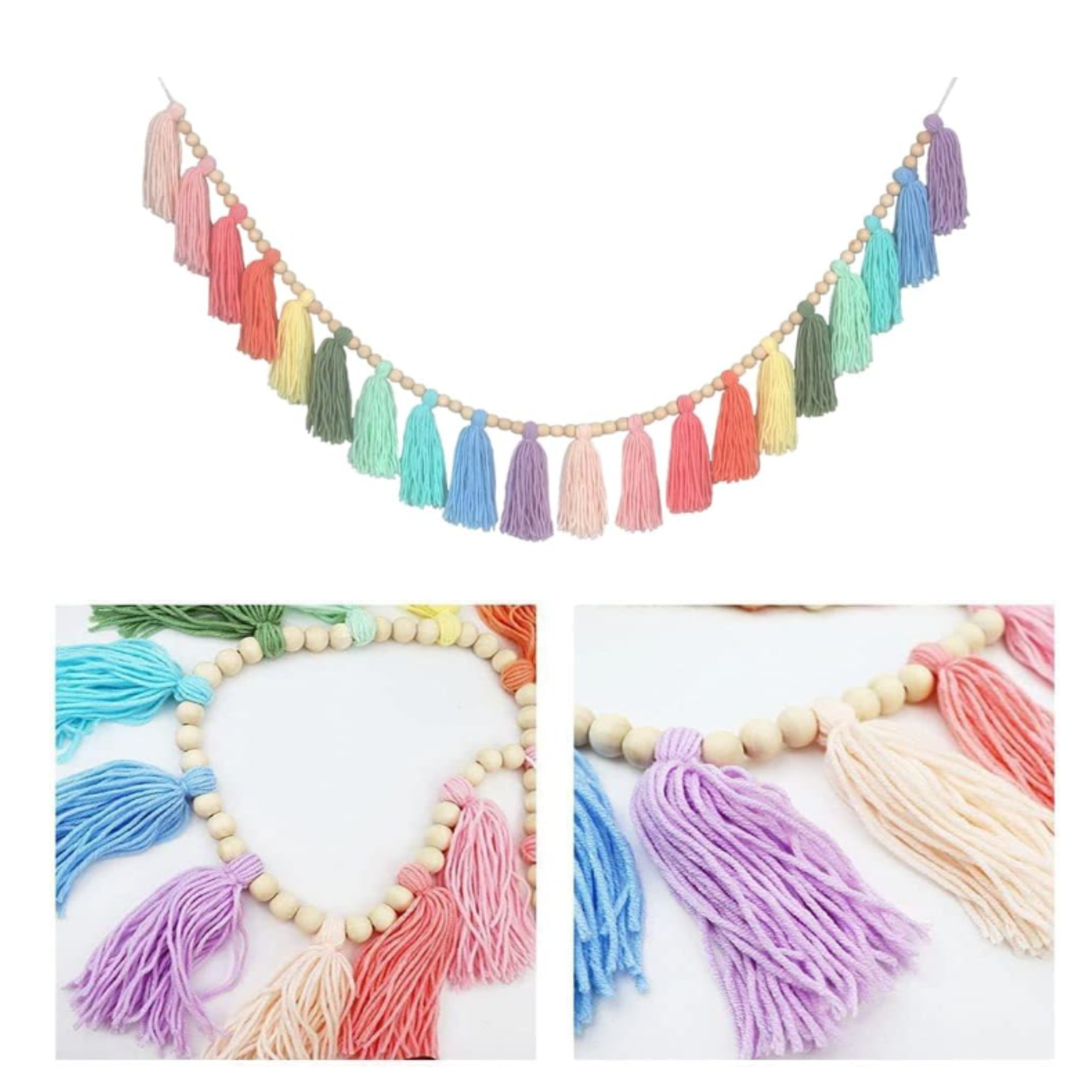 Rainbow Pastel Yarn & Wood Bead Tassel Garland – 20PC