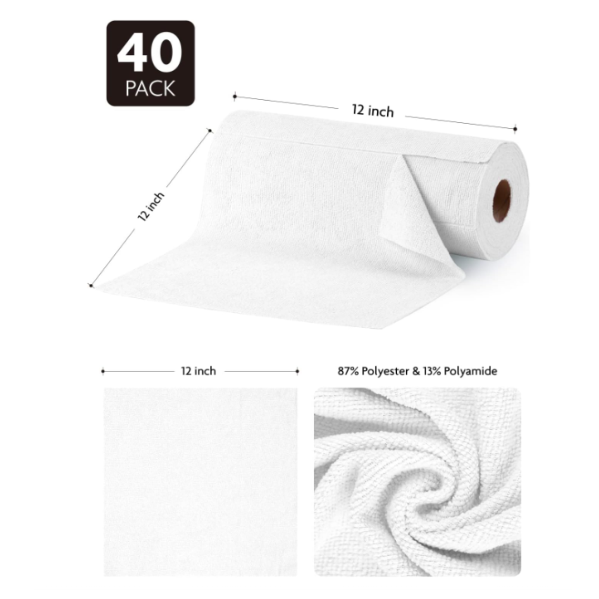 Percost™ Microfiber Cleaning Cloth Roll – 40 Sheets, 12" × 12"