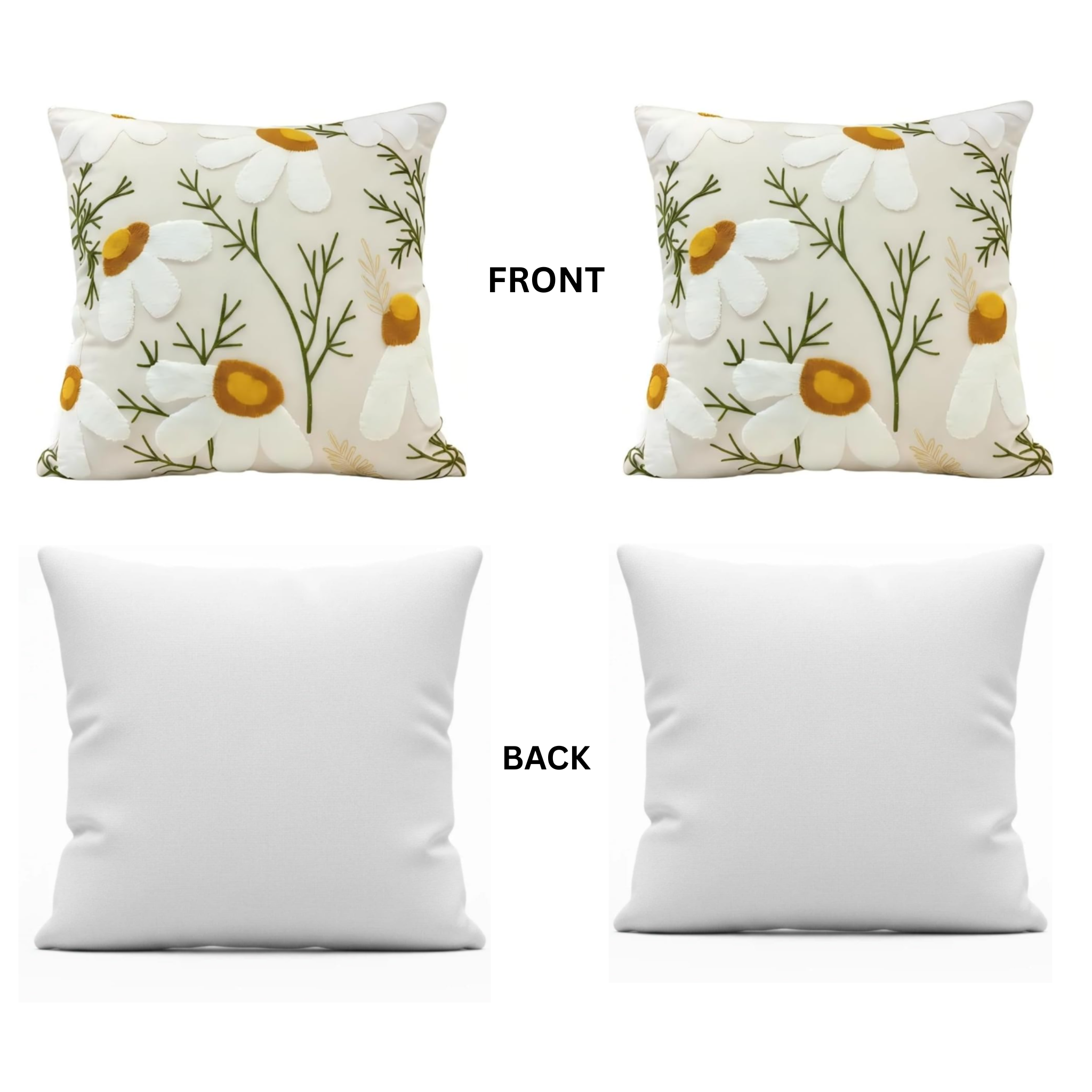 Teenzoor 18" × 18" White Daisy Embroidered Throw Pillow Covers – 4-Pack
