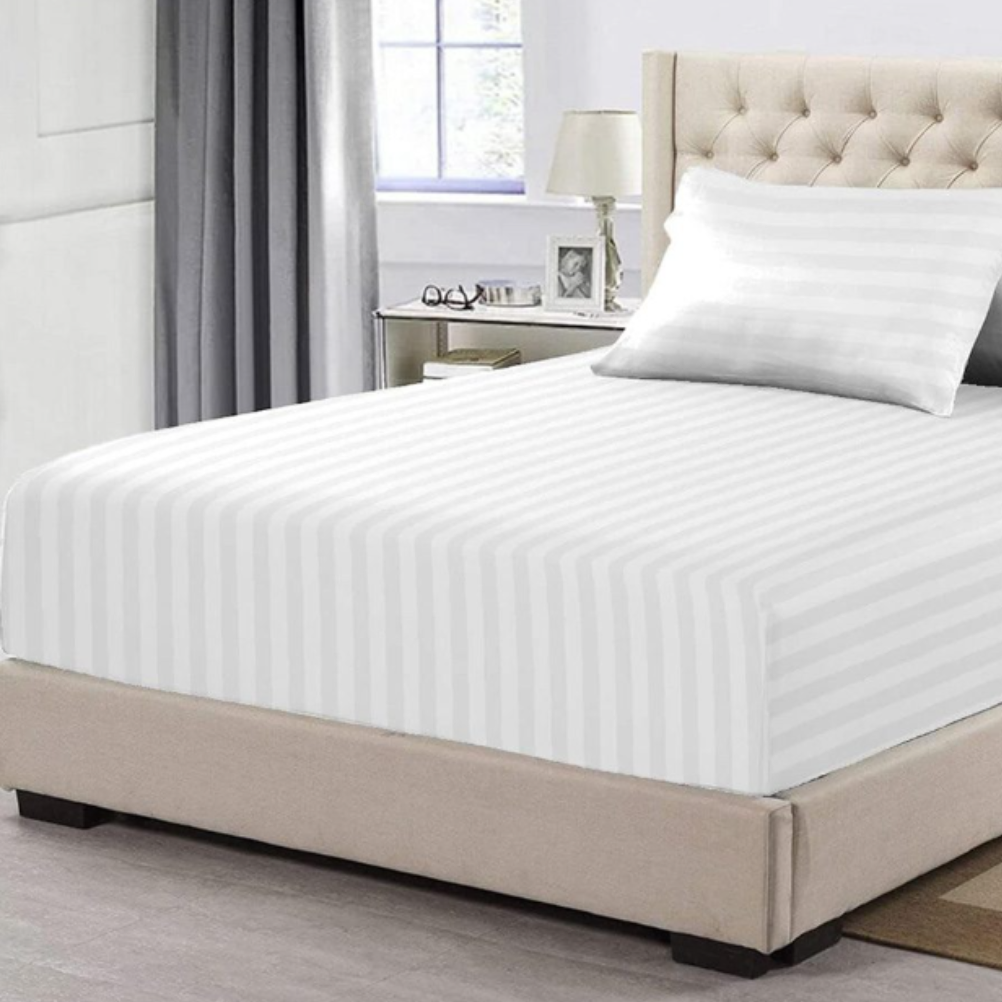 Percost Luxe™ T-250 White Stripe Bed Sheet Double Fitted XXL – 54″x80″x15″-12PC