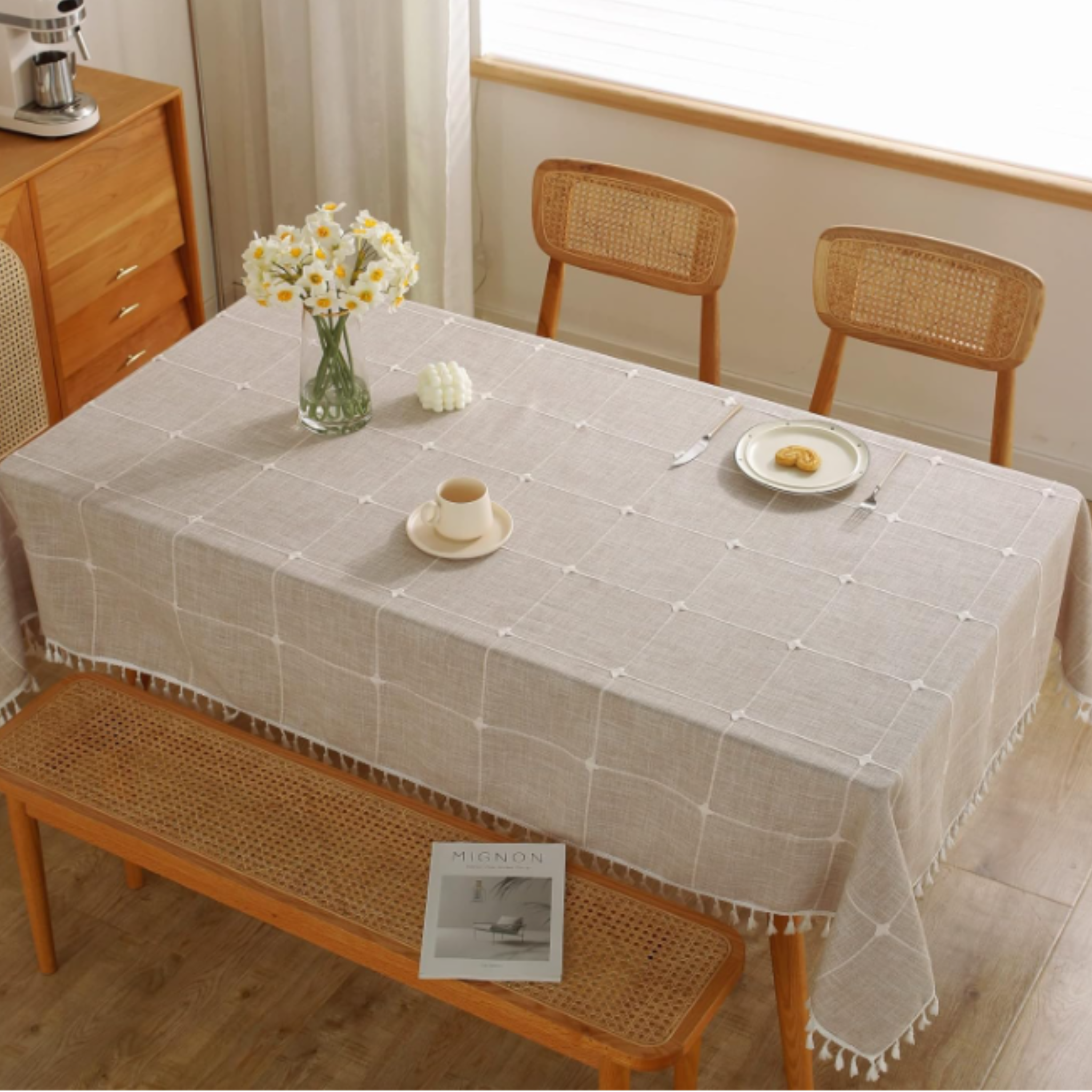 Plaid Cotton-Linen Blend Tablecloth with Tassels – 55" × 70"-12PC
