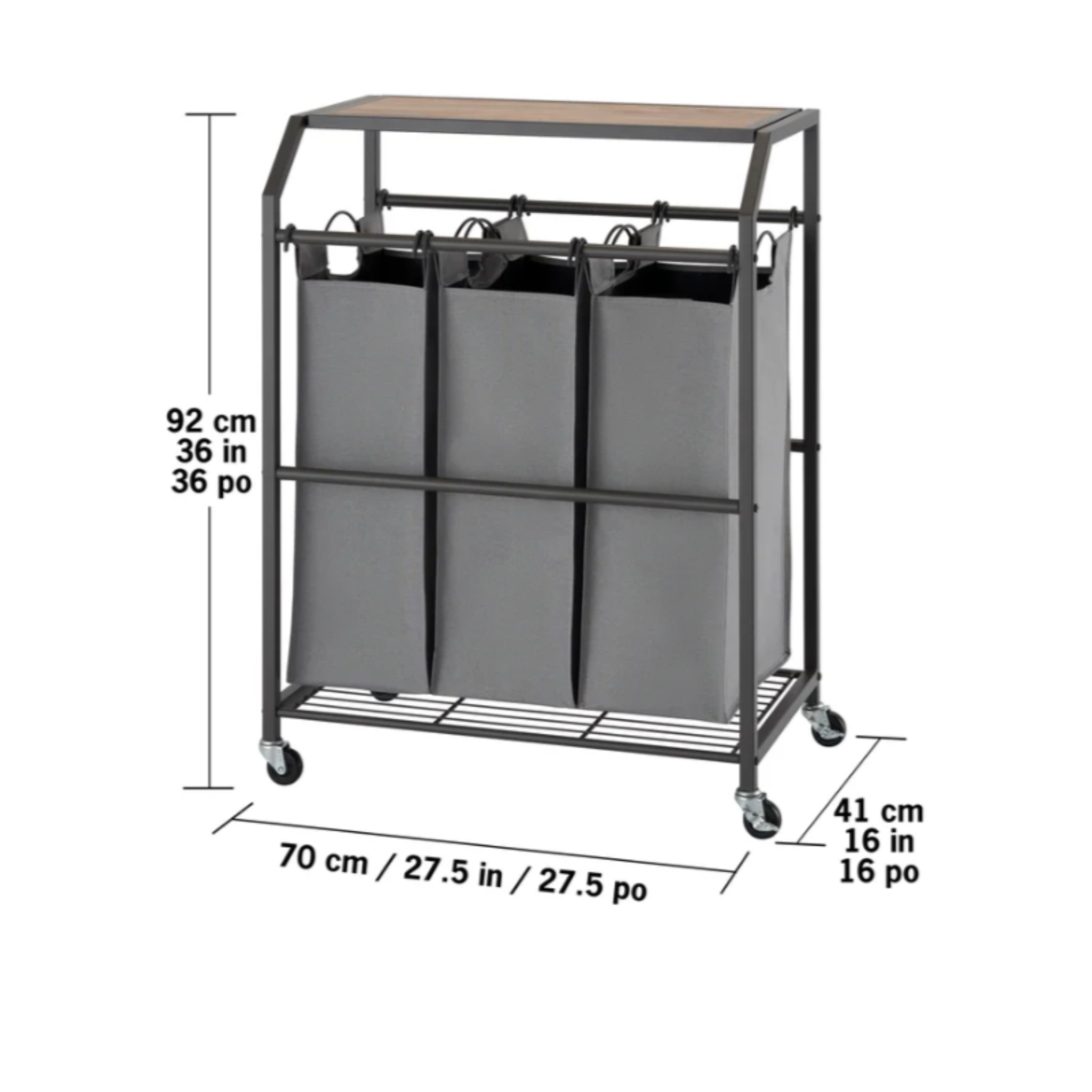 TRINITY 3-Bag Laundry Cart with Flip-Top
